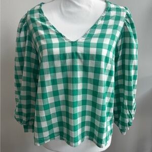 A New Day Green and White Gingham Boxy Blouse 3/4 Sleeve